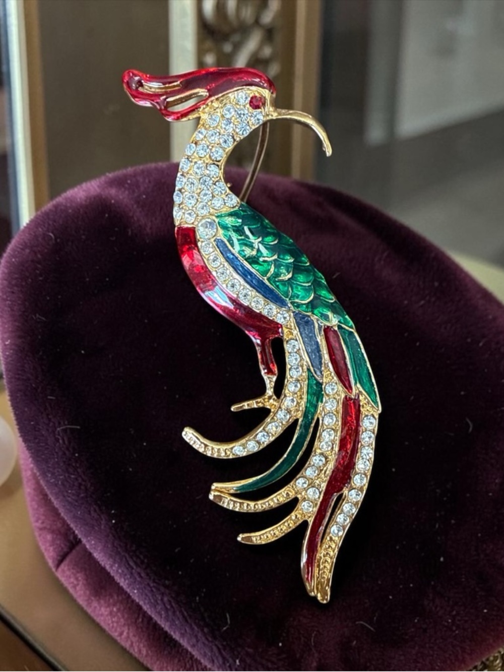 Vintage Lee Sands Enamel Rhinestone Peacock Bird of Paradise Brooch Pin
